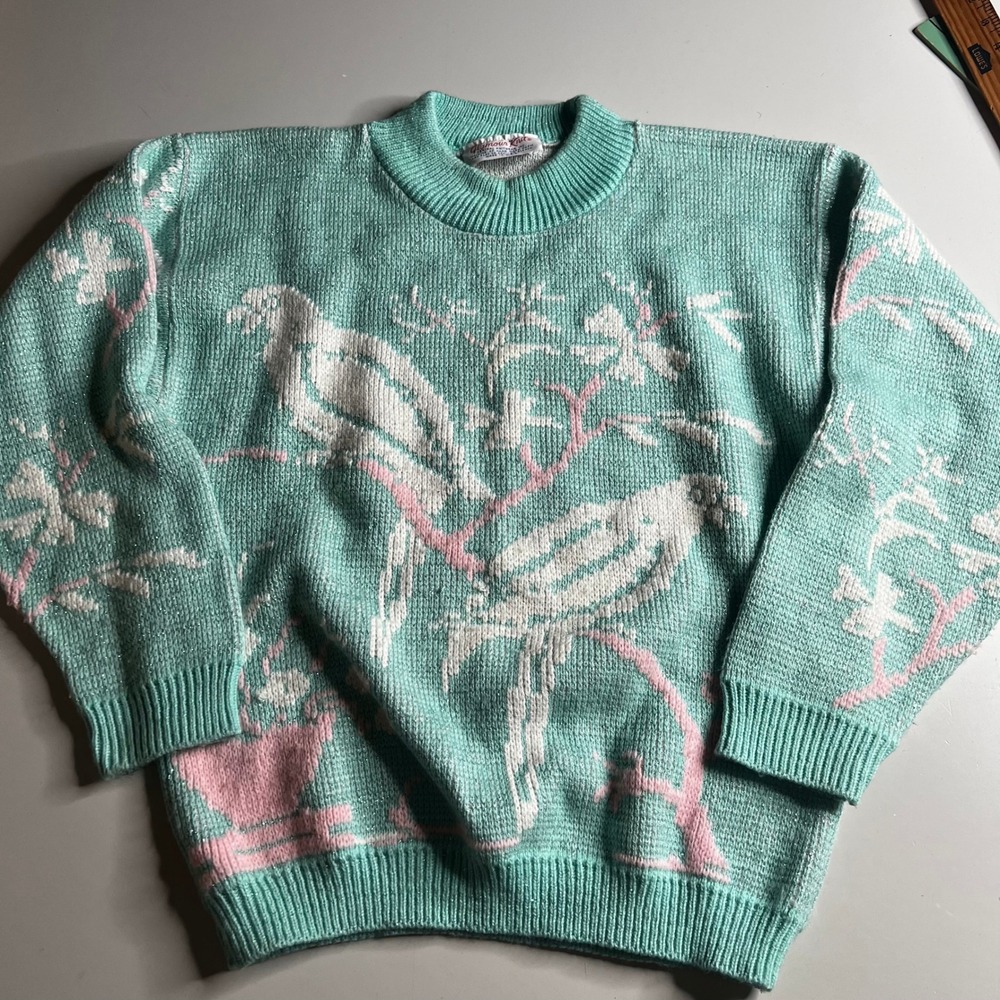 Vintage Glamour Knit Bird Sweater Mint Green Pink Metallic Sparkle 80s USA Made